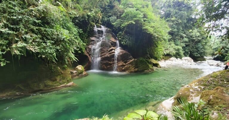 Small waterfall flowing into turquoise jungle pool