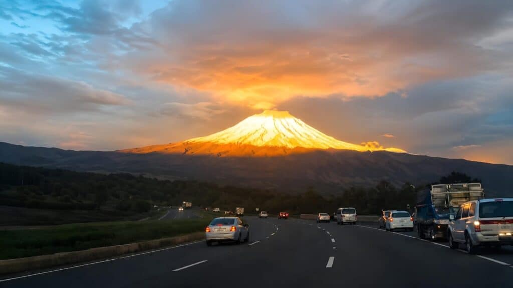 Highway leading toward glowing mountain at sunset
