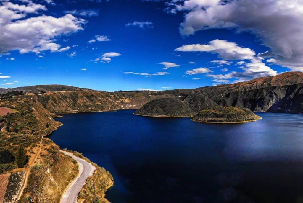 Crater lake with islands and mountain landscape