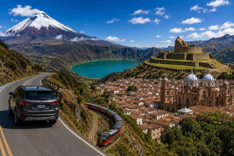 Andean mountain, crater lake, historic town and winding road