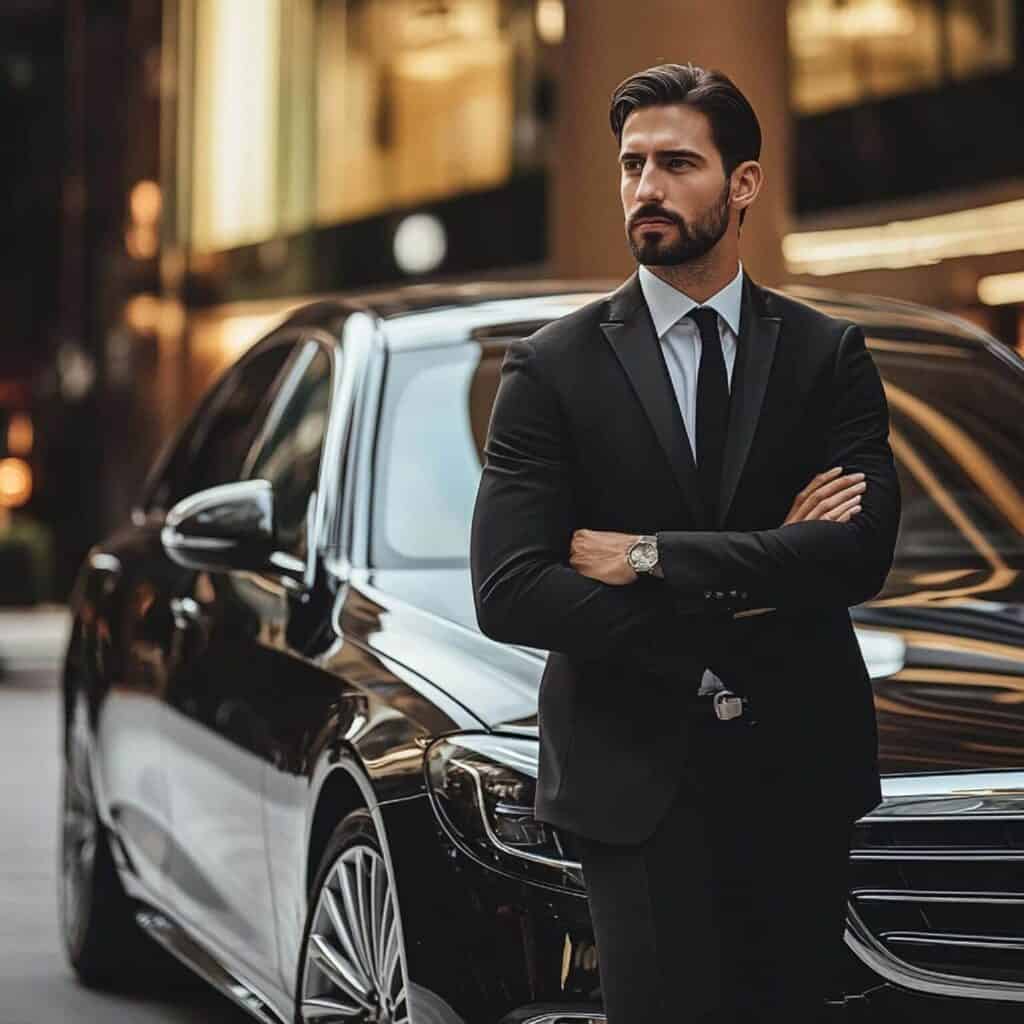 Suited man standing beside a black luxury sedan