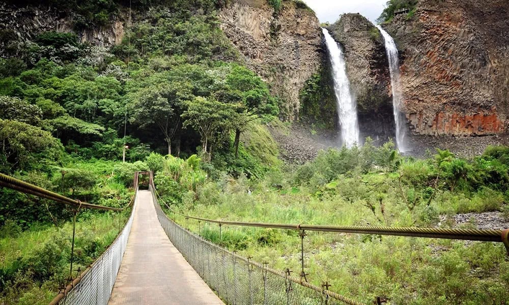 Suspension bridge leading toward twin waterfalls in lush forest