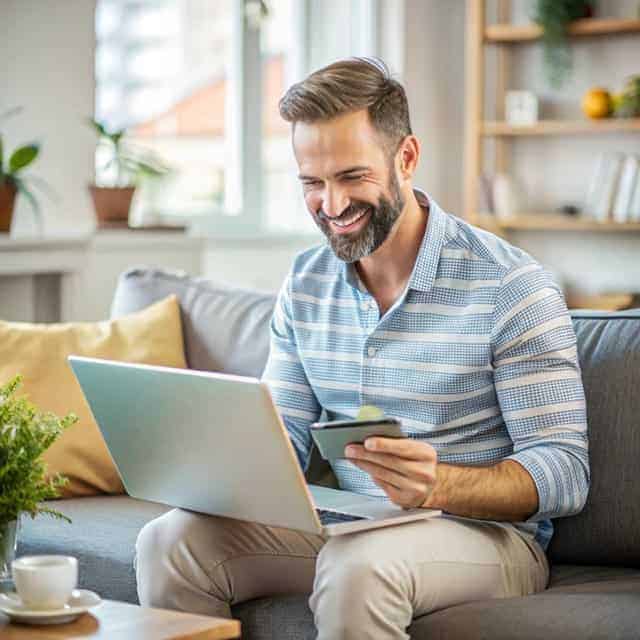Smiling man shops online with laptop and credit card